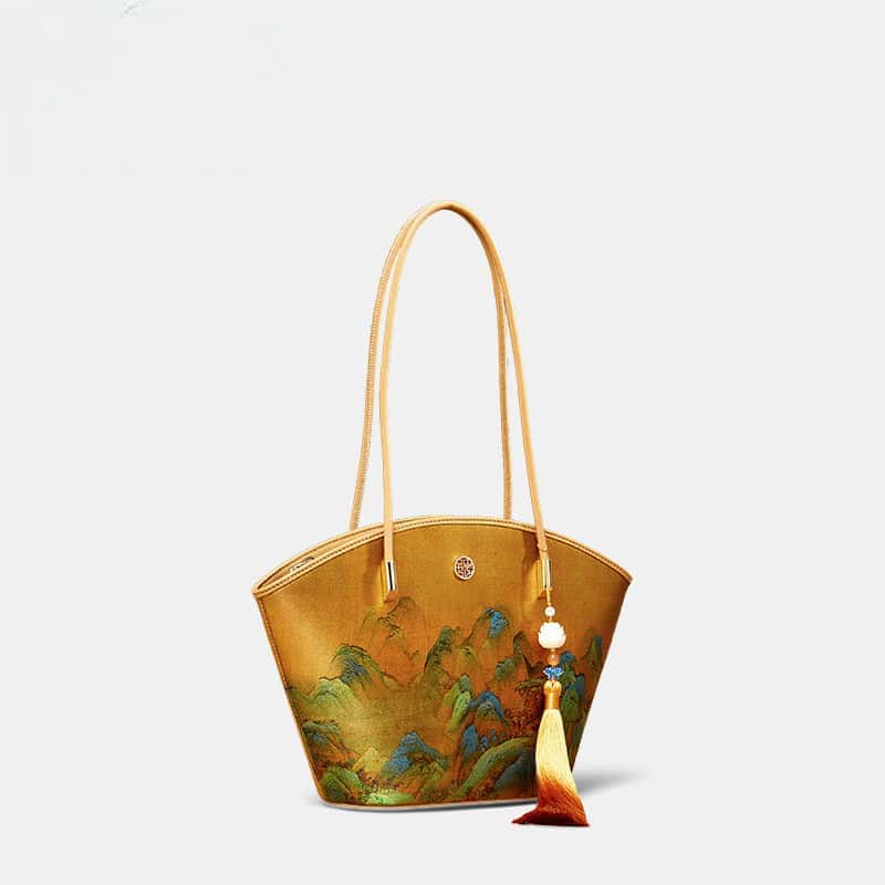 Chinese Painting Mulberry Silk Tote Bag Green Women Handbag