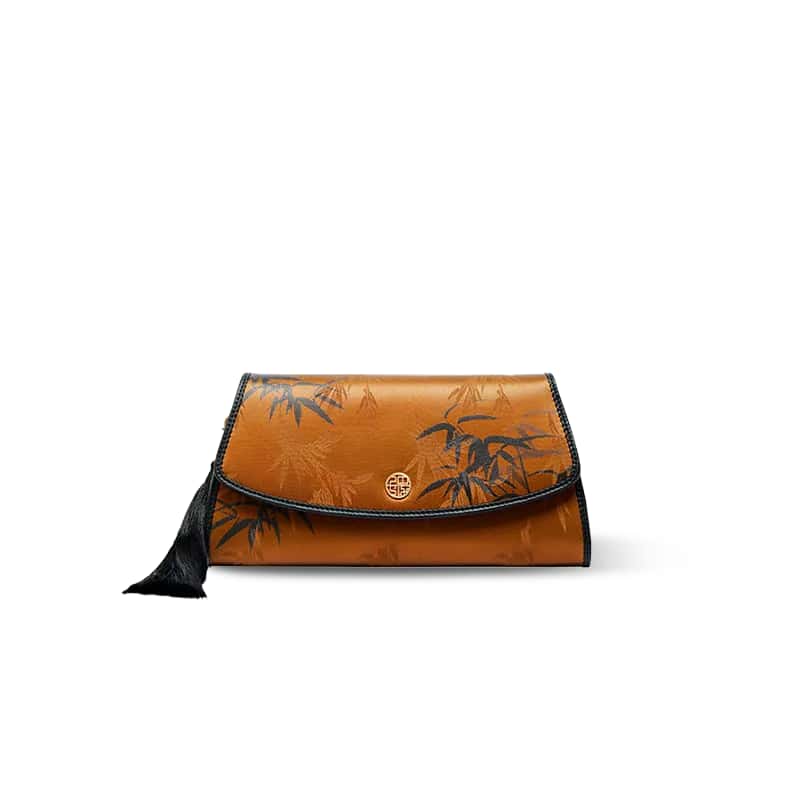 Chinoiserie Vintage Brown Mulberry Silk Bamboo Print Clutch