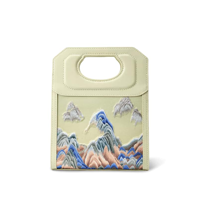 Chinoiserie Mountains Painting Hand Embroidered Leather Handle Bag