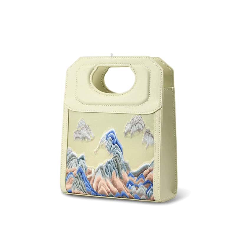 Chinoiserie Mountains Painting Hand Embroidered Leather Handle Bag