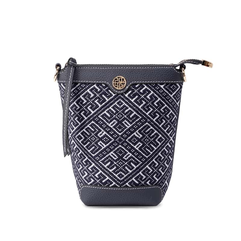 Zhuang Brocade Flying Swallow Motif Embroidered Leather Bucket Crossbody Bag