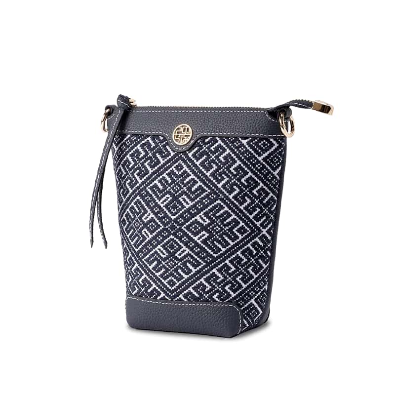 Zhuang Brocade Flying Swallow Motif Embroidered Leather Bucket Crossbody Bag