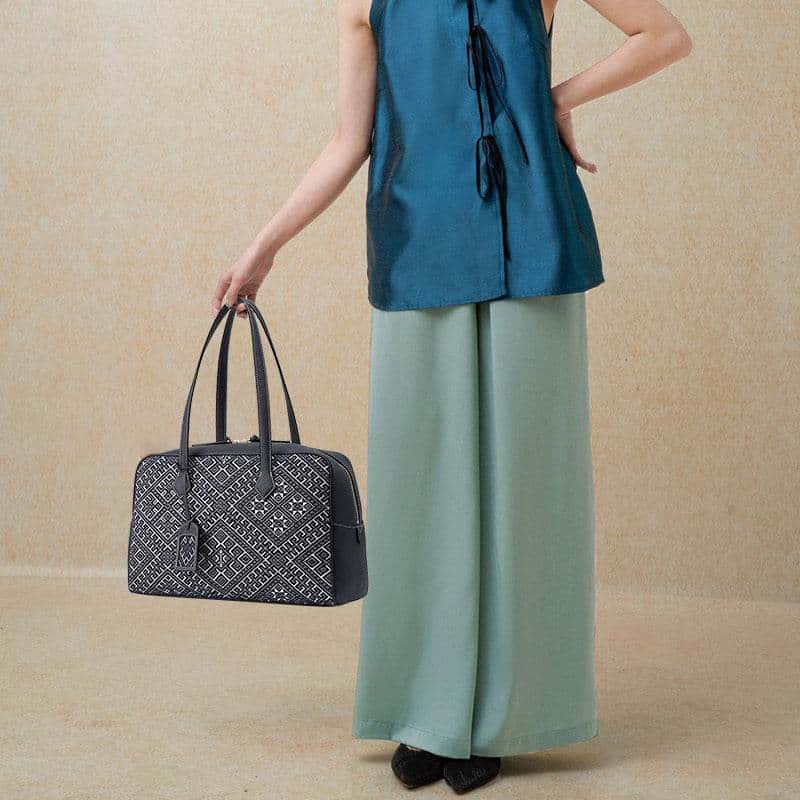 Zhuang Brocade  Flying Swallow Motif  Embroidered Leather Handbag