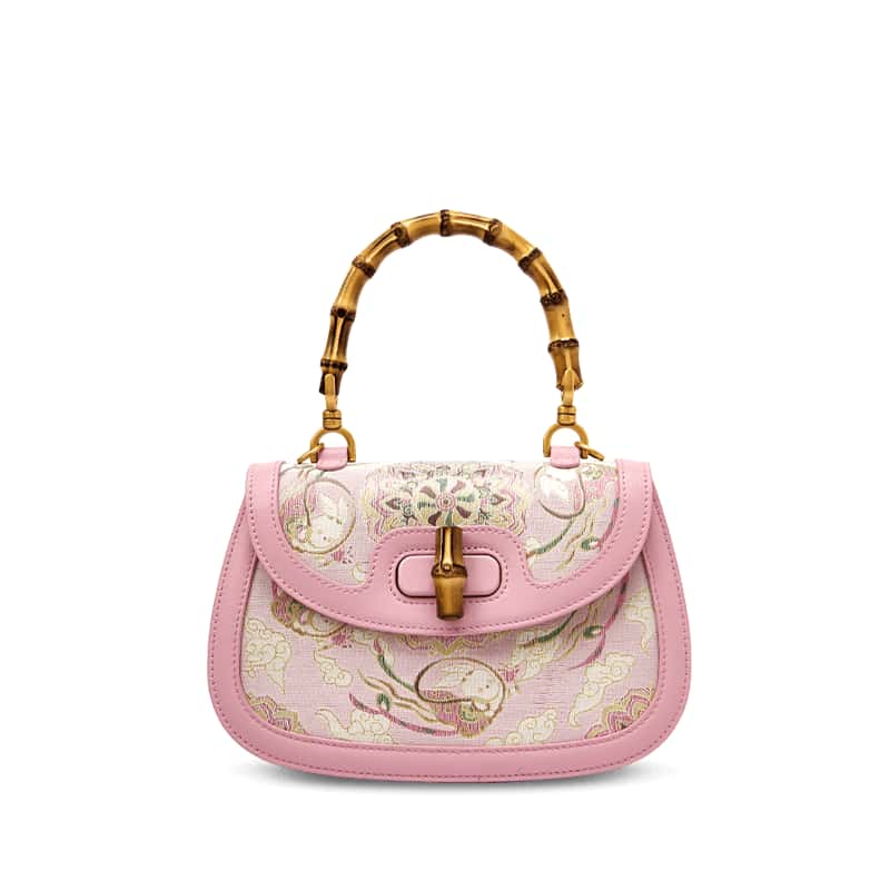 Song Brocade Pink Mulberry Silk Handbag with Bamboo Handle