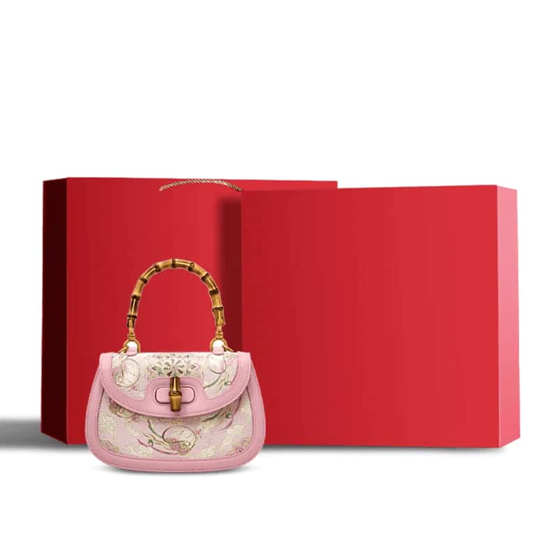 Song Brocade Pink Mulberry Silk Handbag with Bamboo Handle