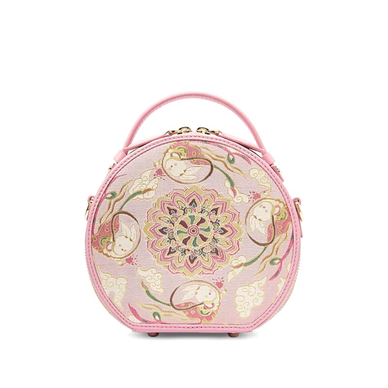 宋锦粉圆袋莲花招财兔图案