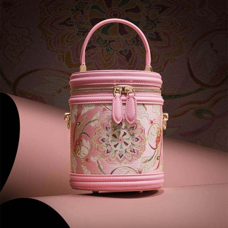 Song Brocade Powder Pink Bucket Bag Lotus & Lucky Rabbit Pattern