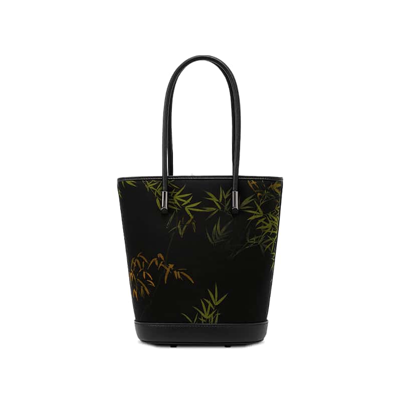 Xiangyunsha Silk Black Bamboo Print Crossbody Bucket Bag