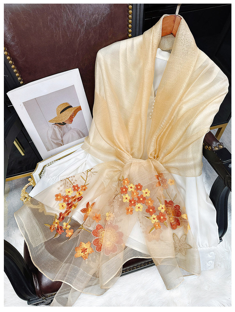 Vibrant Cherry Blossom Khaki Su Embroidery Scarf (2026) – Luxury Silk Blend Shawl
