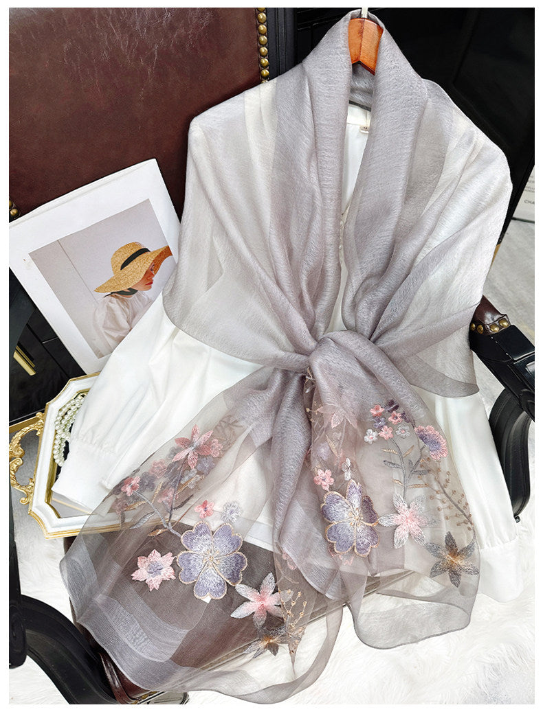 Vibrant Cherry Blossom Grey Su Embroidery Scarf (2026) – Luxury Silk Blend Shawl