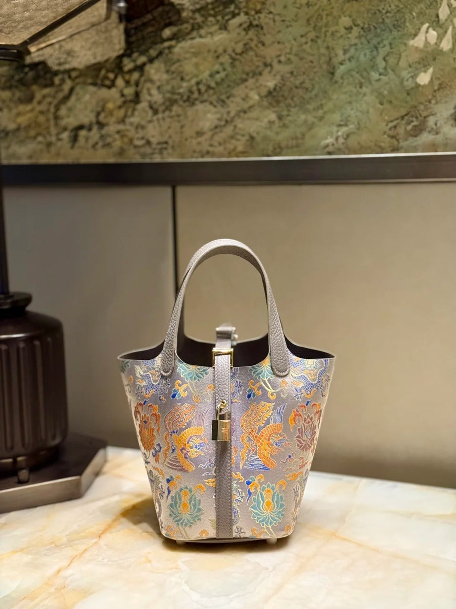 Dragon and Phoenix Song brocade basket bag with leather trim