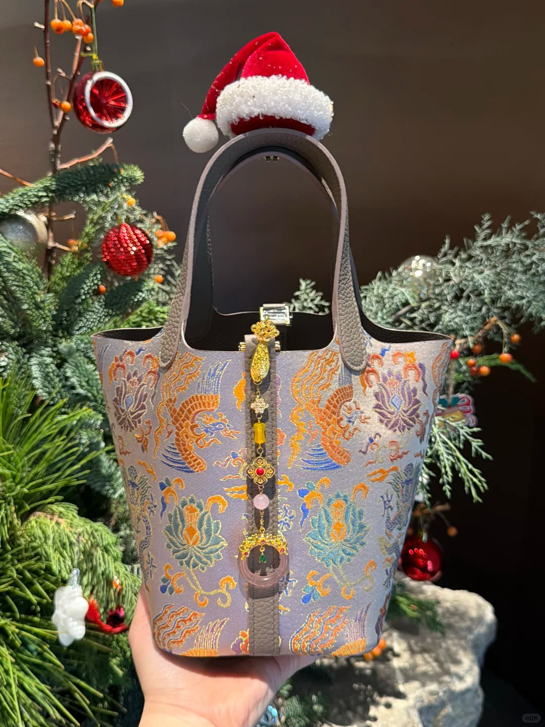 Song Brocade Silk & Leather Bucket Bag – Handmade Top Handle Bag