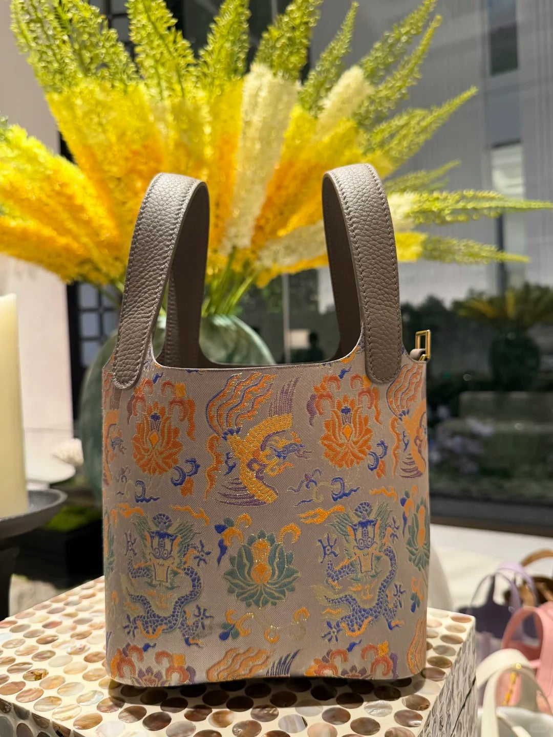 Song Brocade Silk & Leather Bucket Bag – Handmade Top Handle Bag