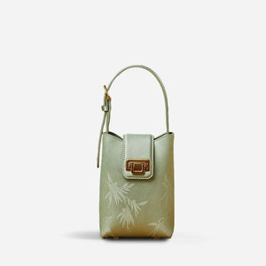 Embossed Leather Green Bamboo Leaf Phone Bag - SinoCultural -- P220621