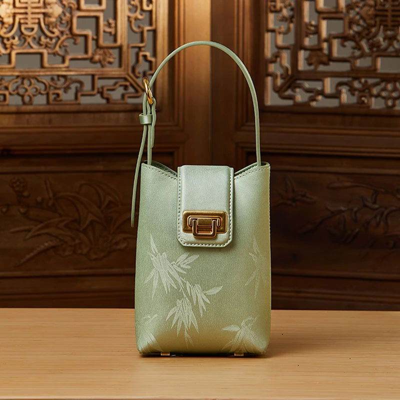 Embossed Leather Green Bamboo Leaf Phone Bag - SinoCultural -- P220621