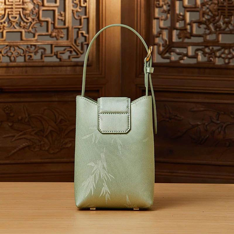 Embossed Leather Green Bamboo Leaf Phone Bag - SinoCultural -- P220621
