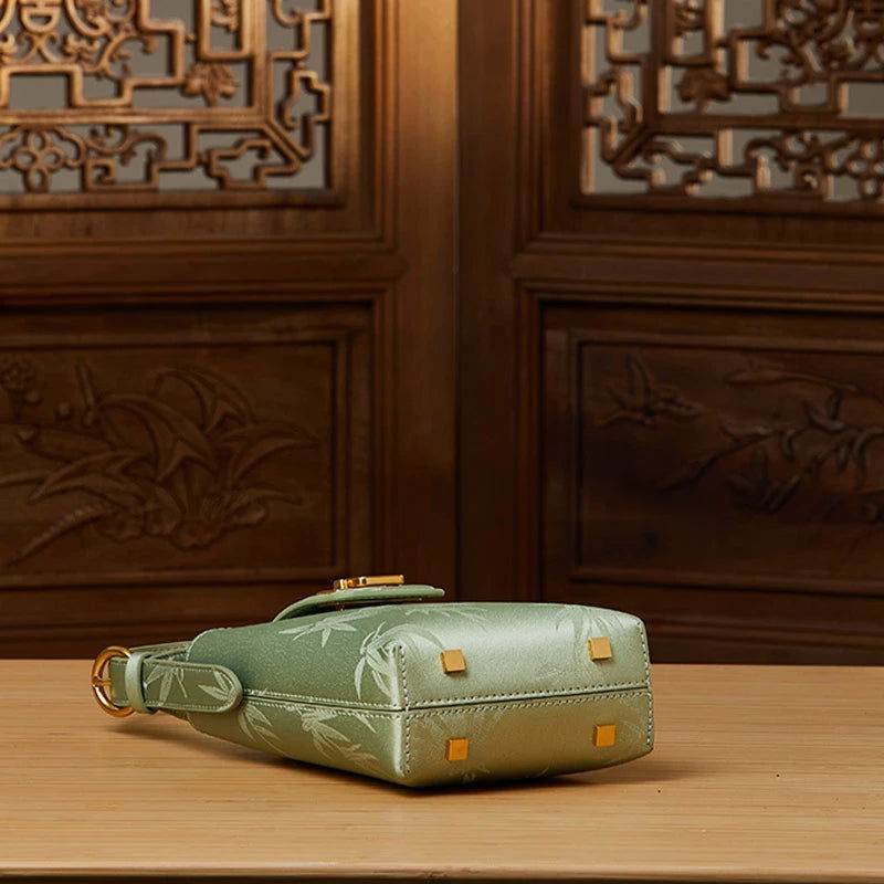 Embossed Leather Green Bamboo Leaf Phone Bag - SinoCultural -- P220621