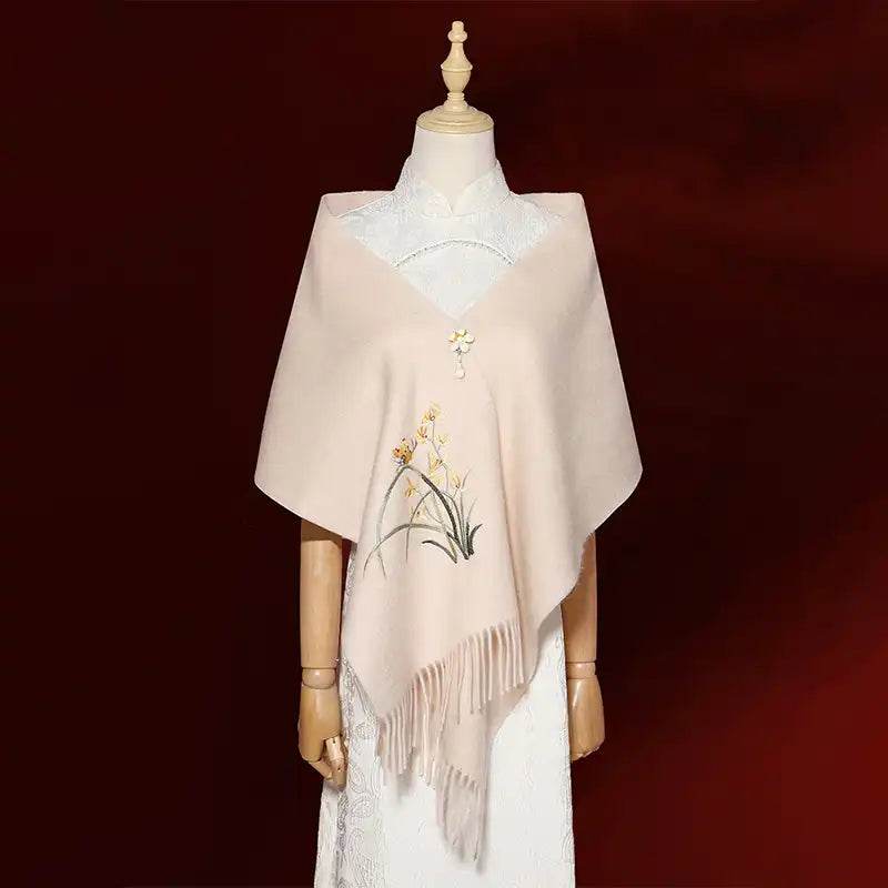 Handcrafted Embroidery Premium 100% Wool Cashmere Scarf Orchid 180x30cm - SinoCultural -- LS064