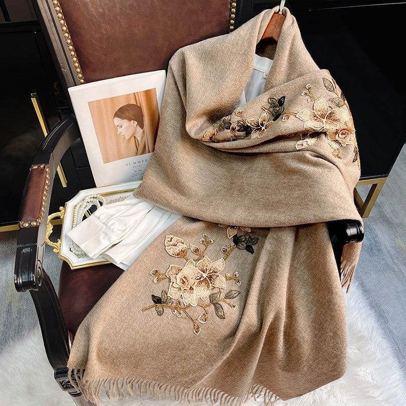 Embroidery 100% Pure Cashmere Scarf Gardenia 200x60 cm - SinoCultural -- HYFSJ037