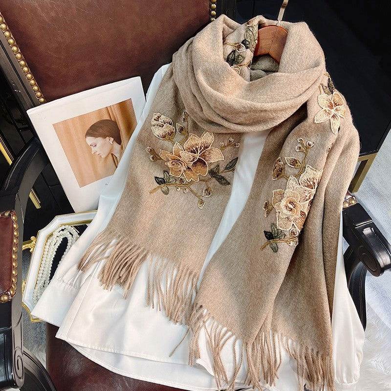 Embroidery 100% Pure Cashmere Scarf Gardenia 200x60 cm - SinoCultural -- HYFSJ037