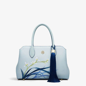 Embroidery Leather Crossbody Tote Bag Blue Orchid Handbag - SinoCultural -- P120609