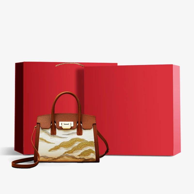 Embroidery Leather Elegant Birkin Handbag Cloud Mountain - SinoCultural -- P120659-1