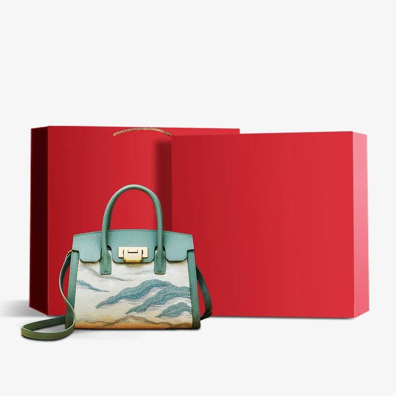 Embroidery Leather Elegant Birkin Handbag Cloud Mountain - SinoCultural -- P120659-1