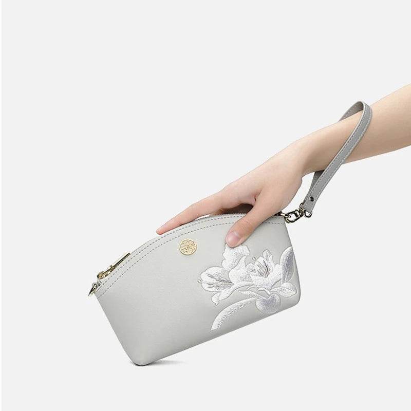 Embroidery Leather Grey Camellia Women Handbag Wallet - SinoCultural -- P220248-3