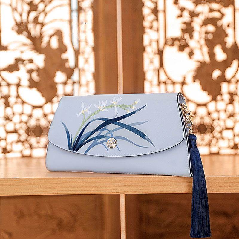 Embroidery Leather Clutch Bag Blue Orchid Elegant Handbag - SinoCultural -- P520009