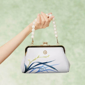 Embroidery Leather Blue Chain Kiss Lock Clutch Handbag Orchid - SinoCultural -- P220063