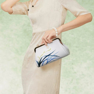 Embroidery Leather Blue Chain Kiss Lock Clutch Handbag Orchid - SinoCultural -- P220063