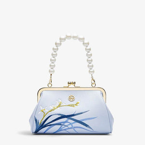 Embroidery Leather Blue Chain Kiss Lock Clutch Handbag Orchid - SinoCultural -- P220063