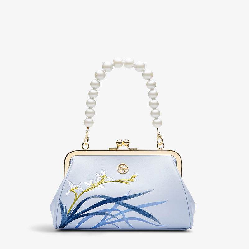 Embroidery Leather Blue Chain Kiss Lock Clutch Handbag Orchid - SinoCultural -- P220063