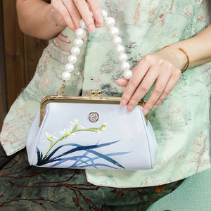 Embroidery Leather Blue Chain Kiss Lock Clutch Handbag Orchid - SinoCultural -- P220063