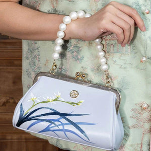 Embroidery Leather Blue Chain Kiss Lock Clutch Handbag Orchid - SinoCultural -- P220063