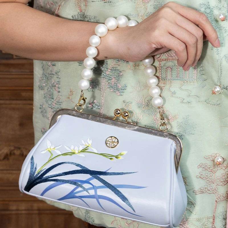 Embroidery Leather Blue Chain Kiss Lock Clutch Handbag Orchid - SinoCultural -- P220063