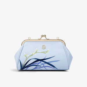 Embroidery Leather Blue Chain Kiss Lock Clutch Handbag Orchid - SinoCultural -- P220063