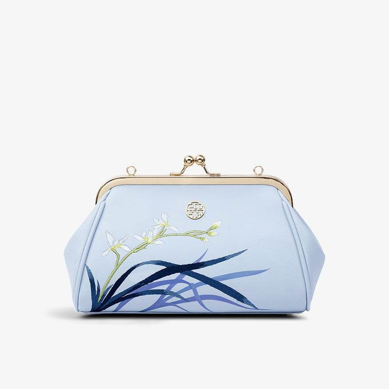 Embroidery Leather Blue Chain Kiss Lock Clutch Handbag Orchid - SinoCultural -- P220063