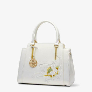 Sinocultural Embroidery Leather Tote Bag White Lotus Crossbody Bag - SinoCultural -- P120317