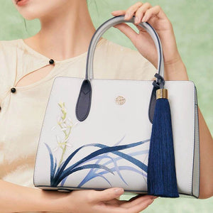 Embroidery Leather Tote Bag Blue Orchid with Pendant - SinoCultural -- P120452