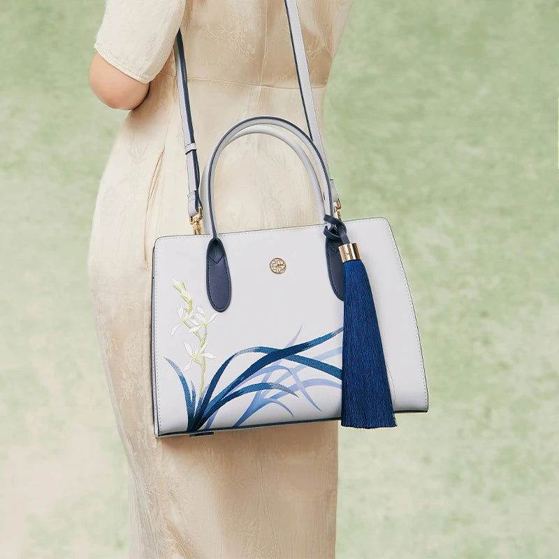 Embroidery Leather Tote Bag Blue Orchid with Pendant - SinoCultural -- P120452