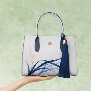 Embroidery Leather Tote Bag Blue Orchid with Pendant - SinoCultural -- P120452