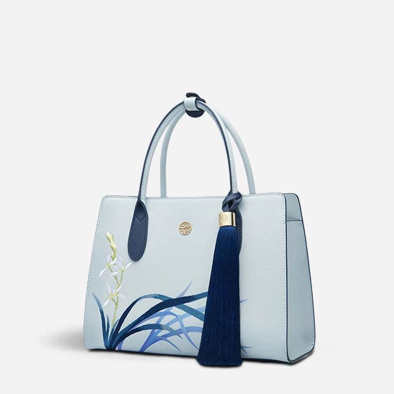 Embroidery Leather Tote Bag Blue Orchid with Pendant - SinoCultural -- P120452
