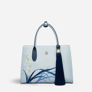 Embroidery Leather Tote Bag Blue Orchid with Pendant - SinoCultural -- P120452