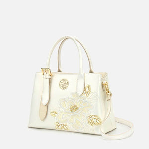 Embroidery Leather Tote Bag White Blooming Peony - SinoCultural -- P120436