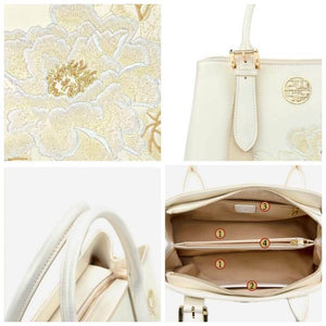 Embroidery Leather Tote Bag White Blooming Peony - SinoCultural -- P120436