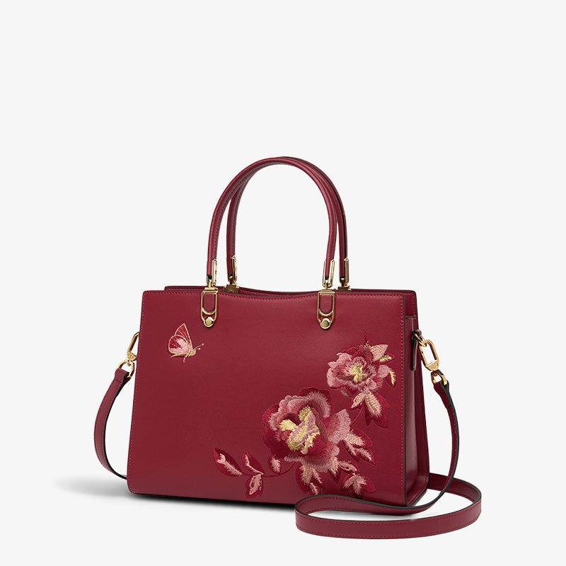 Embroidery Leather Tote Handbag Prosperous Peony - SinoCultural -- SC1605-S2