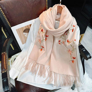 Embroidery 100% Pure Cashmere Scarf Elegant Winter Accessory 200x60 cm - SinoCultural -- HYFSJ039