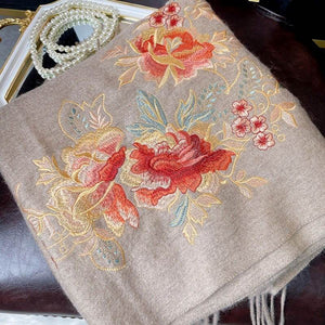 Embroidery 100% Pure Cashmere Scarf Elegant Floral Design 200x60 cm - SinoCultural -- HYFSJ040