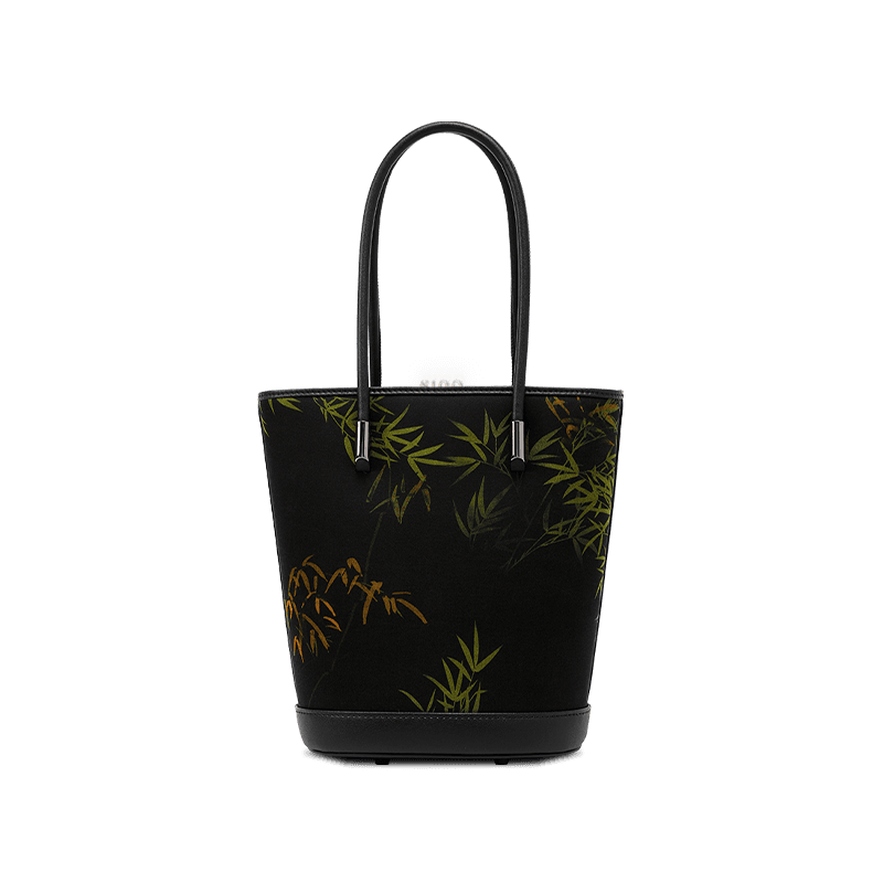 Xiangyunsha Silk Black Bamboo Print Crossbody Bucket Bag - SinoCultural -- P110608